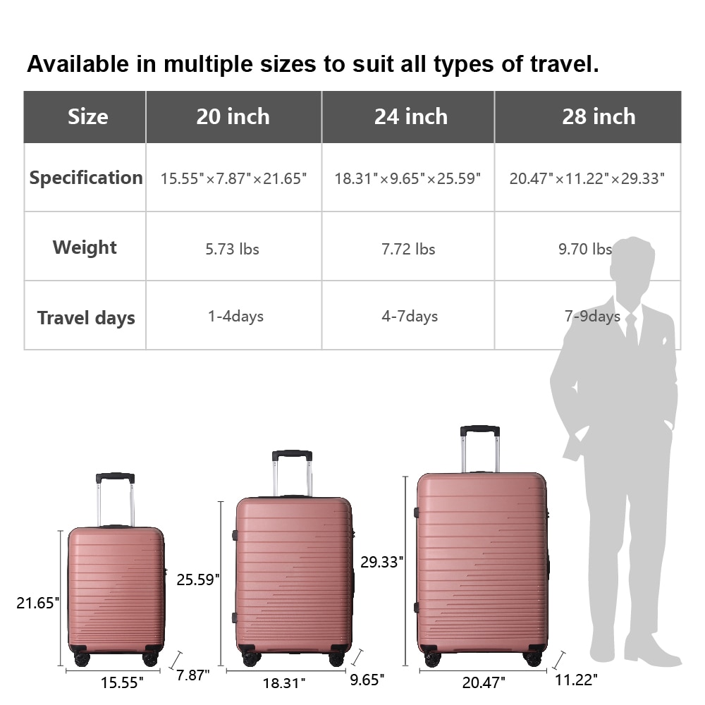 Luggage Set 3 Piece, PP Hardshell Carry On Suitcase With Spinner Wheels & TSA Lock, Lightweight Suitcases For Business, Trip, (20"/24"/28"), Pink_voghion.com